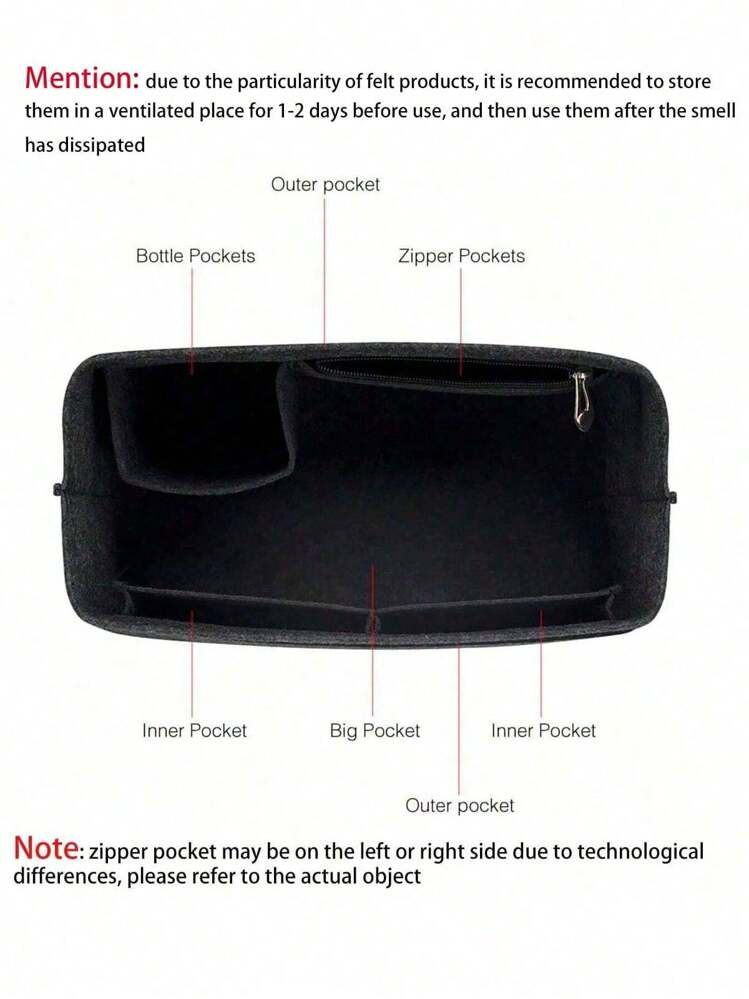 （仅含内衬袋）毛毡拉链手提袋收纳包，带杯架，8 个隔层，适用于中号及其他类型的包袋 - 黑色 - 查看 3