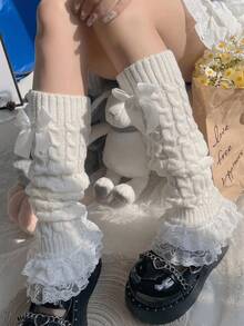 1 Pair Women's White Lolita Bow Lace Trim Flat Leg Warmers 0CWF - White - 查看 10