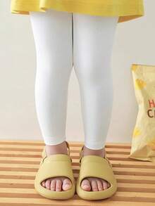 3 Pairs Girls' Solid Color Basic Ankle Length Leggings, Suitable For All Seasons - White - View 9