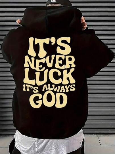 男士秋冬标语“这绝非运气，而是上帝的旨意”印花极简黑色连帽衫，长袖上衣