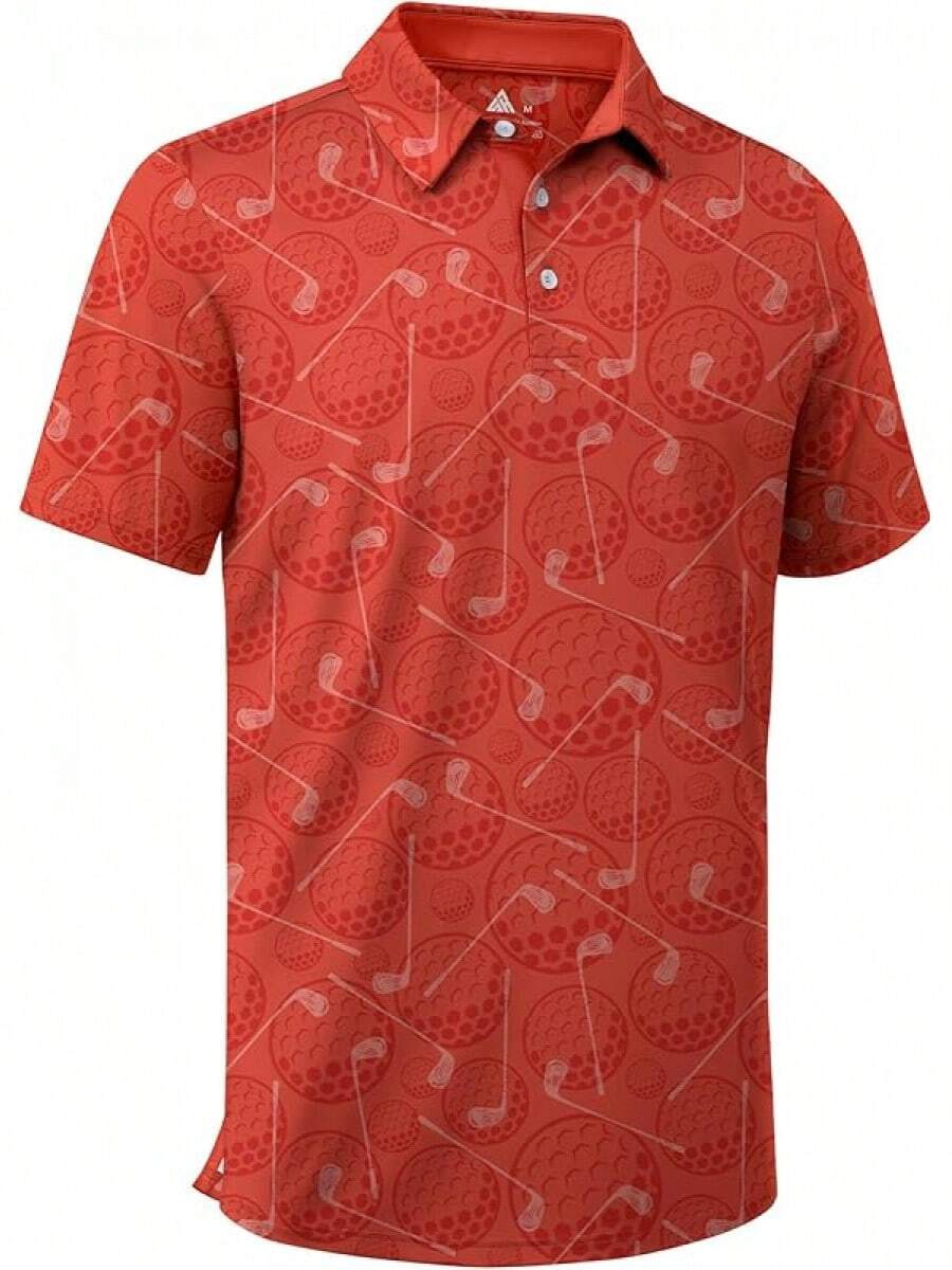 Men's Golf Shirts Short Sleeve Moisture Wicking Performance Print Patterns Casual Collared Golf Polo Shirt For Men-2025 - Orange Red Golf Ball - View 1