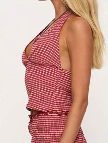 Women's Halter Neck Vest Summer Sleeveless Open Back  Plaid Party Tank Tops - 紅色 - 查看 2
