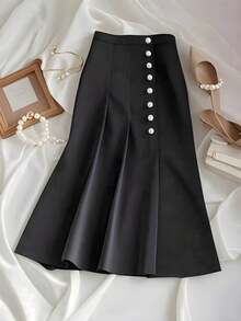 女士夏季新款时尚纯色优雅通勤百搭前扣修身半身裙 黑色 - 黑色 - 查看 2