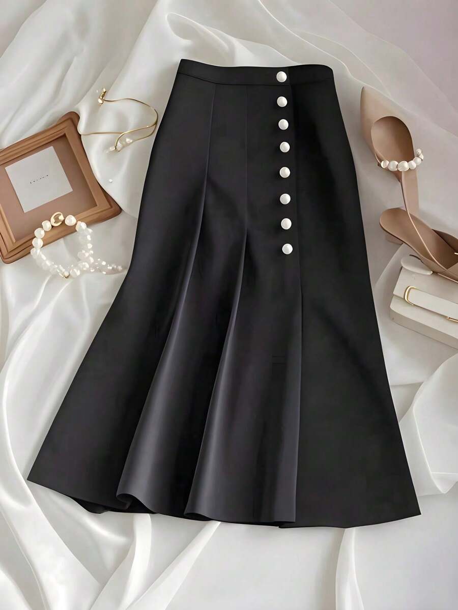 女士夏季新款时尚纯色优雅通勤百搭前扣修身半身裙 黑色