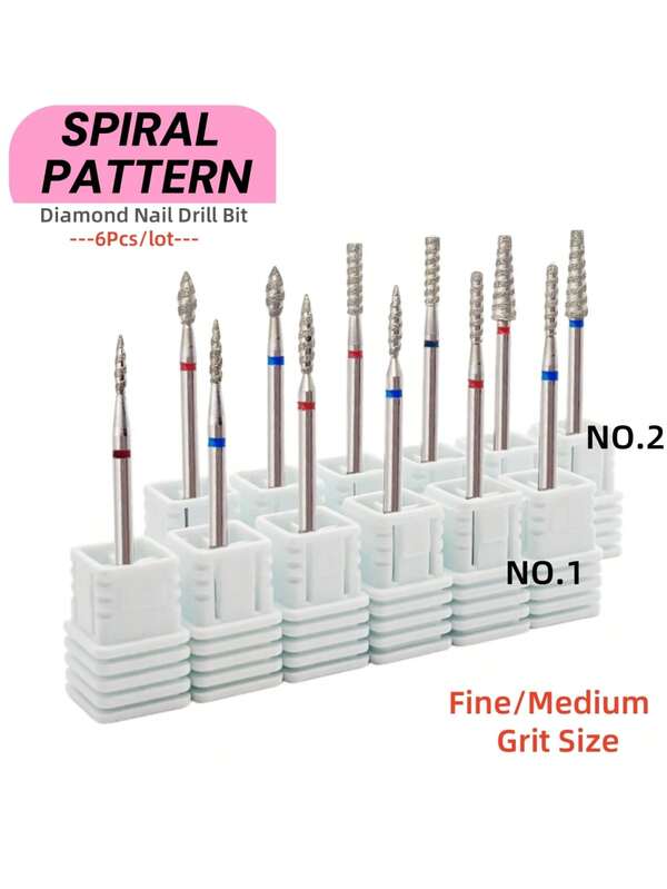 6 pièces Foret à ongles en diamant à motif tourbillonnaire et flamme, dissipation de chaleur haute fréquence. Accessoires de foret rotatif pour manucure, outils de lime à ongles en spirale, mèche de 3/32 pouces