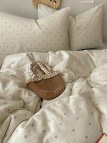 4pcs Bedding Set, Including (1*Duvet Cover + 1*Bed Sheet + 2*Pillowcases, No Filler), Blue & White Polka Dot Pattern, Delicate Print, Machine Washable