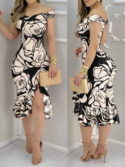ChicMe Vestido midi elegante y chic con estampado floral, hombros descubiertos, volantes en el bajo y abertura lateral, para fiestas, cócteles y vacaciones