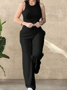 女士运动套装（2件套），休闲外出两件套，女士裤装套装，黑色夏季款 - 黑色 - 查看 4