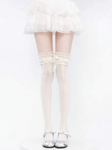1 Pair Bow Lace Trim Over-The-Knee Socks, Suitable For Pairing With Skirts, Y2K