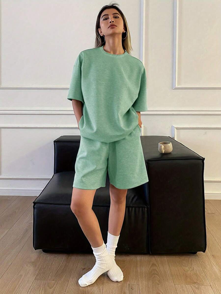 2件套女士纯色圆领短袖短裤休闲家居服套装夏季优雅