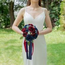 Dusty Blue Wedding Bouquets For Bride Bridesmaid, White Wedding Artificial Roses Flowers For Wedding Bouquets Ceremony, Anniversary - Burgundy & Navy Blue - View 3