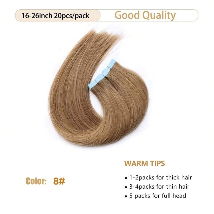 Thick Tape In Human Hair Extensions ,Seamless  Skin Weft Extensions ,Remy  Human Hair,Multicolor  Color,Silky Straight For Fashion Women  ,16-26inch ,Easy To Apply (8#Light Brown ,50g 20pcs/Package) - S8 - View 3