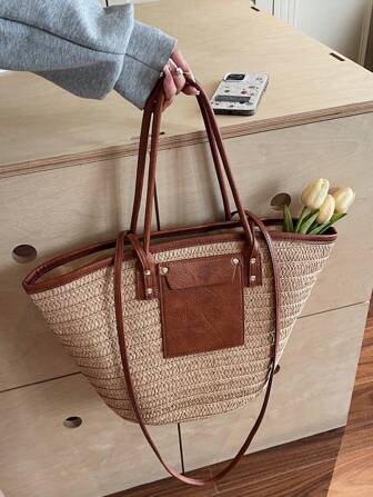 Fashion Large Capacity Woven Tote Bag, New Beach VacationOne Shoulder Underarm Straw Large Bag