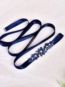 1pc Full Crystal Bridal Sash, Formal Dress Waist Accessory, Bridesmaid Waist Belt - Navy Blue Ribbon - View 5