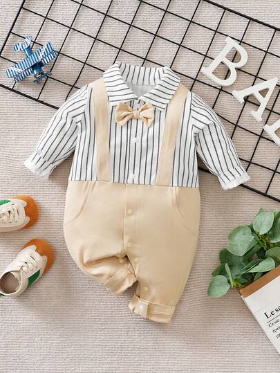 Yierying 男婴绅士风蝴蝶结米色吊带长袖连体衣，秋冬款