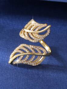 1 chiếc nhẫn đính hôn hình lá nhiều lớp mộng mơ đính đá Zirconia, mạ vàng, phù hợp cho nữ đeo hàng ngày, có thể mở ra, quà tặng trang sức. - Vàng - Xem 7