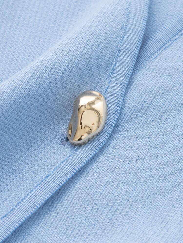 V-Neck Solid Color Casual Knit Sweater With Metal Buttons, Suitable For Spring/Autumn/Winter - Blue - View 4