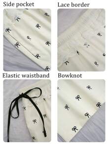 2025 Spring And Autumn Fashion Lace Ribbon Bowknot Print Wide Leg Pants, Suitable For Women In Spring, Autumn, Halloween, Christmas, Saudi National Day, New Year