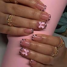 Short Press Pard French Tip False Nails With Pink Ossy Bow Design Ue On Nails Full Cover Stick On Nails 24Pcs-0345 - NudePink-1液體盎司(1包) - 查看 1