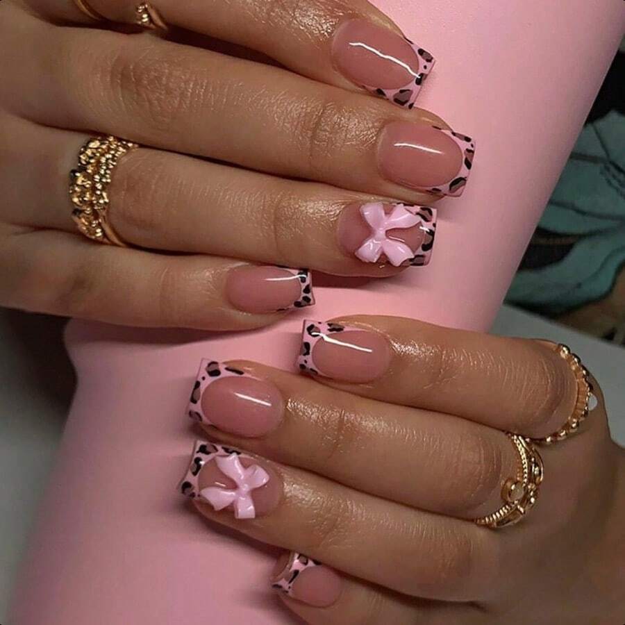 Short Press Pard French Tip False Nails With Pink Ossy Bow Design Ue On Nails Full Cover Stick On Nails 24Pcs-0345 - NudePink-1液體盎司(1包) - 查看 1