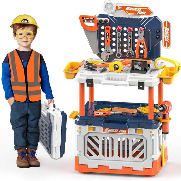 Kids Tool Bench Toy Set - 4-In-1 Multifunctional Workbench With Electric Drill, 90 Accessories Including Safety Vest - STEM Educational Construction Toy For 3-8 Year Old Boys & Girls - Birthday Gift