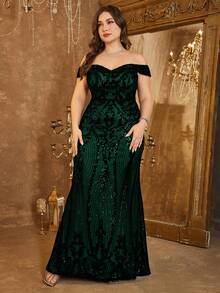 UNITHORSE Plus Size Women Off Shoulder Backless Dress, Glitter Sequins Decoration, Elegant Evening Party Dress, Bride Dress, Birthday Outfits, Graduation Dress, Formal Dress, Fall Women Clothes - 墨綠色 - 查看 4