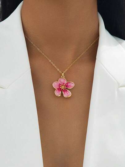 1pc Elegant Luxury Vintage Handmade Tie Dye Dip-Dye Pink Eggplant Flower Pendant Necklace (No Gift Box)