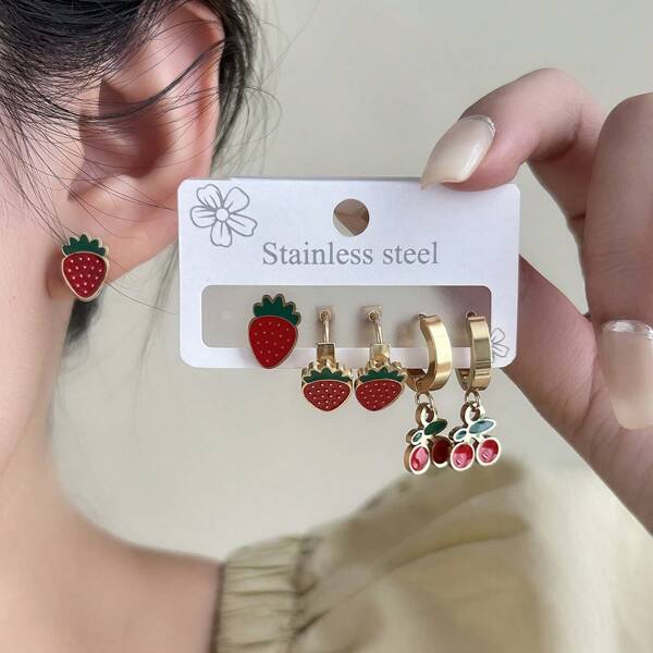 Conjunto de aretes de botón con diseño de fresa y cereza, aretes de acero inoxidable con estilo de dibujos animados kawaii, diseño dulce y exclusivo para niñas, ideal para el verano