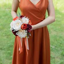Dusty Blue Wedding Bouquets For Bride Bridesmaid, White Wedding Artificial Roses Flowers For Wedding Bouquets Ceremony, Anniversary - Burnt Orange & Burgundy & Cream - View 8