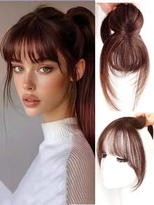 棕黑色夹式刘海接发假发合成假发细刘海发夹刘海带鬓角假发弧形刘海