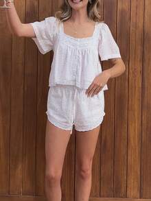 Women Lace Trim Cardigan Shirt Short Sleeve Button Down Ruffle Hem Blouse Summer Boho Tops Y2K Going Out Tops - Matching Colors - View 3
