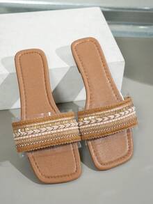 1 Pair Wide Fit Women's Vacation Style Rhinestone Flat Slip-On Slippers, Comfortable For Outdoor Wear - Brown - View 5