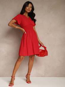 Summer Casual Solid Color Cinched Waist Dress - Burgundy - View 2