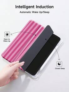 1pc Pink & White Plaid Pattern Tablet Protective Case, With Pencil Slot, Anti-Drop, Sleep/Wake Support, Compatible With Samsung, And IPad - Multicolor - View 6