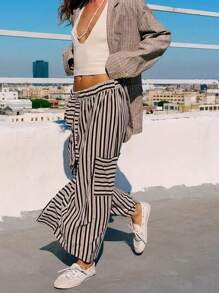Women's Tie-Up Striped Knotted Pocket Waist Belt Pants