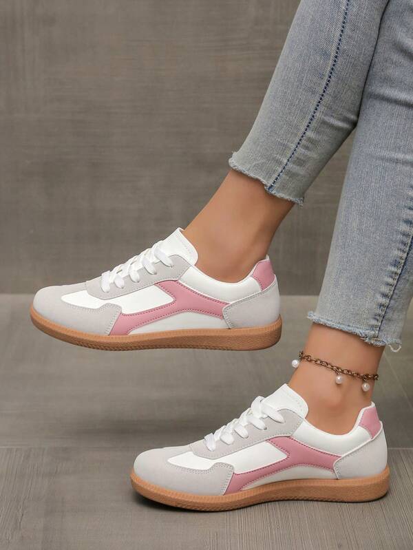 女士多功能时尚休闲鞋，舒适、轻便、平底、防滑系带圆头橡胶鞋底休闲运动鞋，粉色和白色