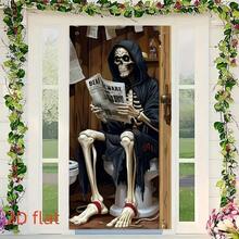 1 pièce Bannière de fond avec crâne 2D plat et motif journal, convient pour la décoration de fête d'Halloween, de jardin, de maison, de studio photo, d'anniversaire, de chambre, de cour, en tissu de polyester