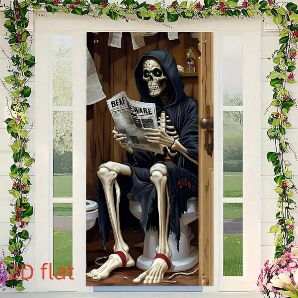 1 pièce Bannière de fond avec crâne 2D plat et motif journal, convient pour la décoration de fête d'Halloween, de jardin, de maison, de studio photo, d'anniversaire, de chambre, de cour, en tissu de polyester