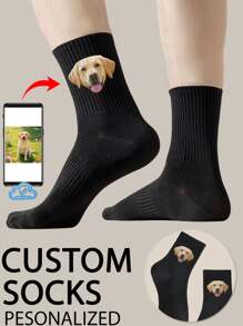 1 Pair Customized Face Socks, Couple Socks, Photo Printed Socks, Personalized Funny Face Socks, Any Face Can Be Printed On Socks, Anniversary Gift, Valentine's Day Gift, Birthday Gift, Wedding Gift, Autumn Socks - Black - View 2