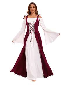 Conjunto de disfraz de época medieval y renacentista para mujer, con corsé retro y vestido, disfraz de princesa victoriana con vestido de tirantes y lazo de color contrastante - Burdeos - Ver 6