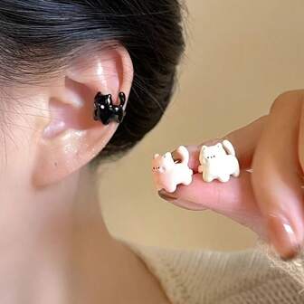 3pcs Cute Cartoon Cat Ear Clip-On Earrings, Earless Earrings For Women, Sweet & Fashionable Ear Cuff Earrings