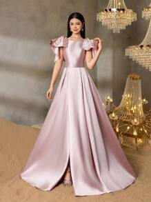 Alisa&Leo 少女缎面晚礼服，肩部饰有珍珠蝴蝶结，适合毕业舞会、婚礼宾客、正式晚宴和盛大晚宴等正式场合。 - 香檳色 - 查看 3