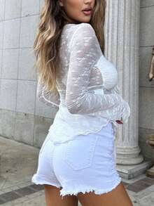 Women's Solid Color Young Fashion Elegant Sexy Lace Tie Bra Cup Flared Long Sleeve Short Top, Spring, Summer, Autumn And Winter