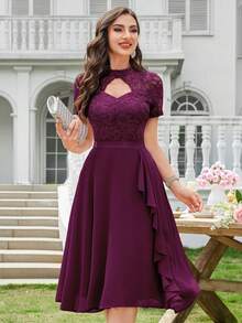 MIUSOL Floral Lace High Neck Side Ruffle Chiffon Cocktail Party Swing Dress - Maroon - View 5