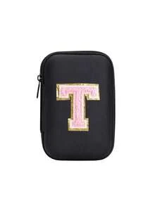 便携式 CCD 相机保护套，粉色字母 A-Z 毛巾刺绣，紧凑设计，防水材质，非常适合户外摄影爱好者和旅行者充电器盒，办公室必备数码包电缆相机包电子数据线整理器存储，钱包式移动电源盖旅行相机包，女士男士礼物，教师必备用品，防水轻便大容量便携式配件，适合暑假旅行，户外活动旅行必需品