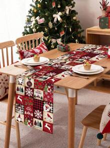1pc Festive Christmas Table Runner, Multi-Grid Christmas Elements Table Flag, Santa Snowman Elk Xmas Tree Pattern, Polyester Fabric, Seasonal Winter Xmas Kitchen Dining Table Decoration For Home Party Decor, Christmas Decorations 2025