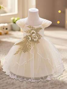 Toddler Baby Girl Party Dress 3D Flower Cap Sleeve A-Line Tulle Princess Dress For Wedding Birthday Party - 香檳色 - 查看 4