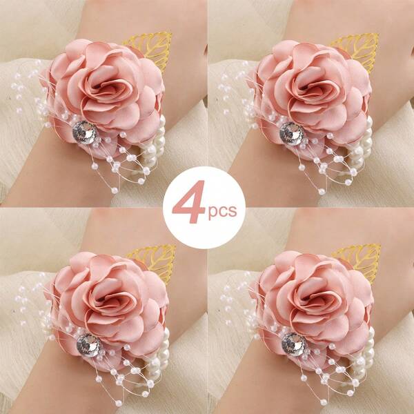 Set de 4 piezas Brazalete de muñeca con hojas azules y doradas con cuentas, broche de cristal para novia, dama de honor, accesorios de boda, accesorios del Día de San Valentín