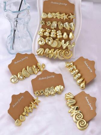 3/15 pares de pendientes de botón con forma de estrella de mar, concha, oso y corazón de color dorado, adecuados para mujeres y niñas para uso diario, fiestas, viajes y como regalo