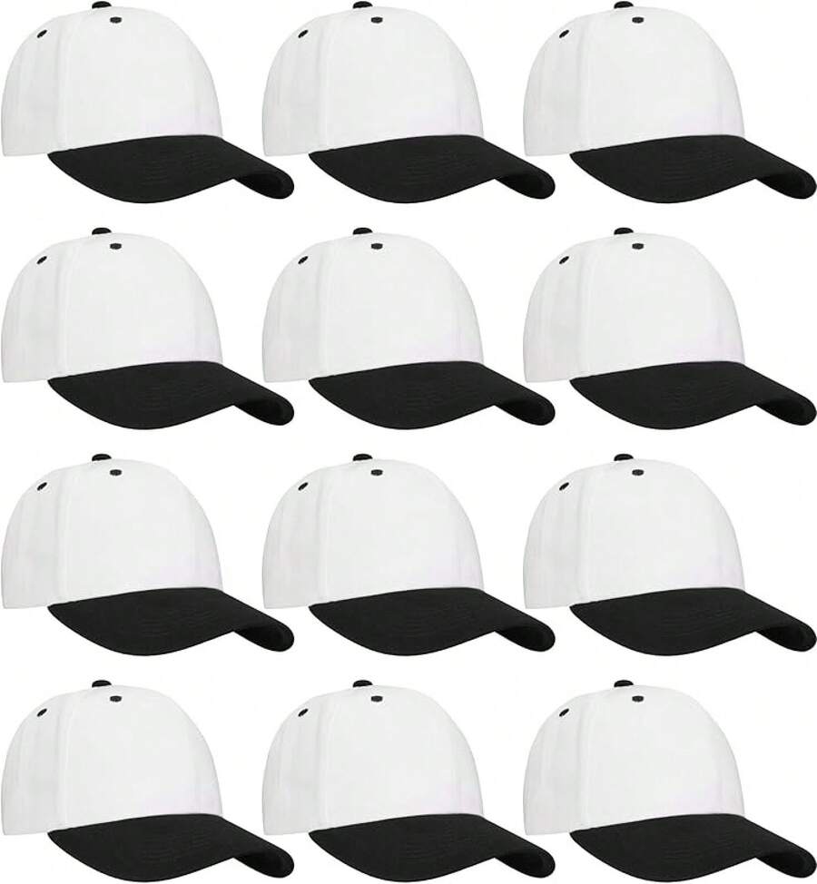 Bulk Lot 12-Pack Adjustable Size Plain Blank Solid Color Baseball Caps - White/Black - View 1